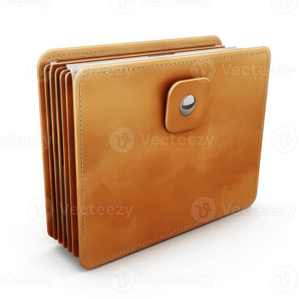 Leather wallet standing on white background showing compartments photo