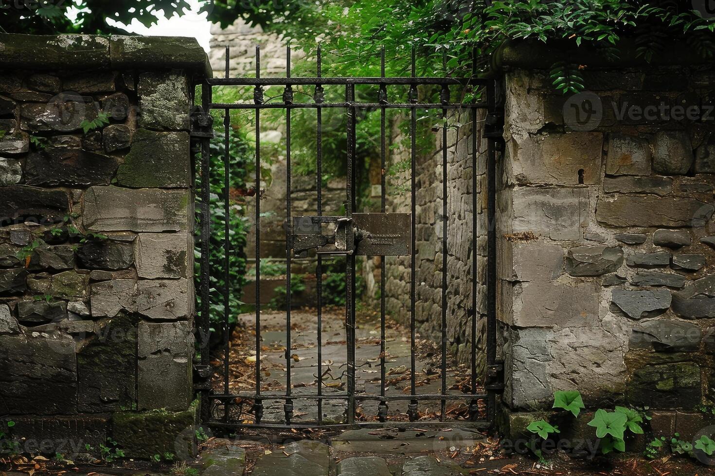 Old metal gate leading to secret garden behind stone wall photo