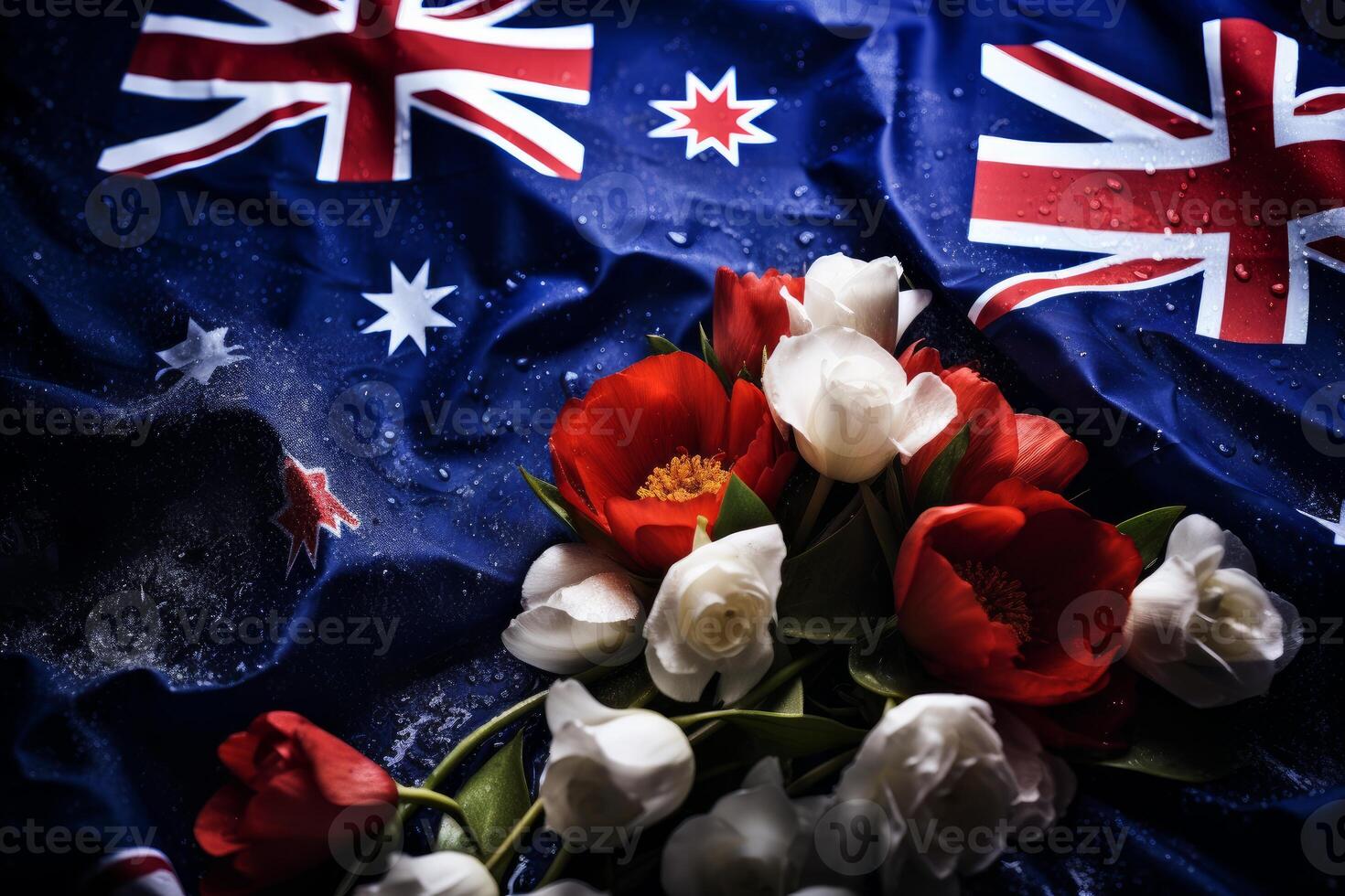 Red and white flowers lying on australian flag with water droplets symbolizing remembrance photo