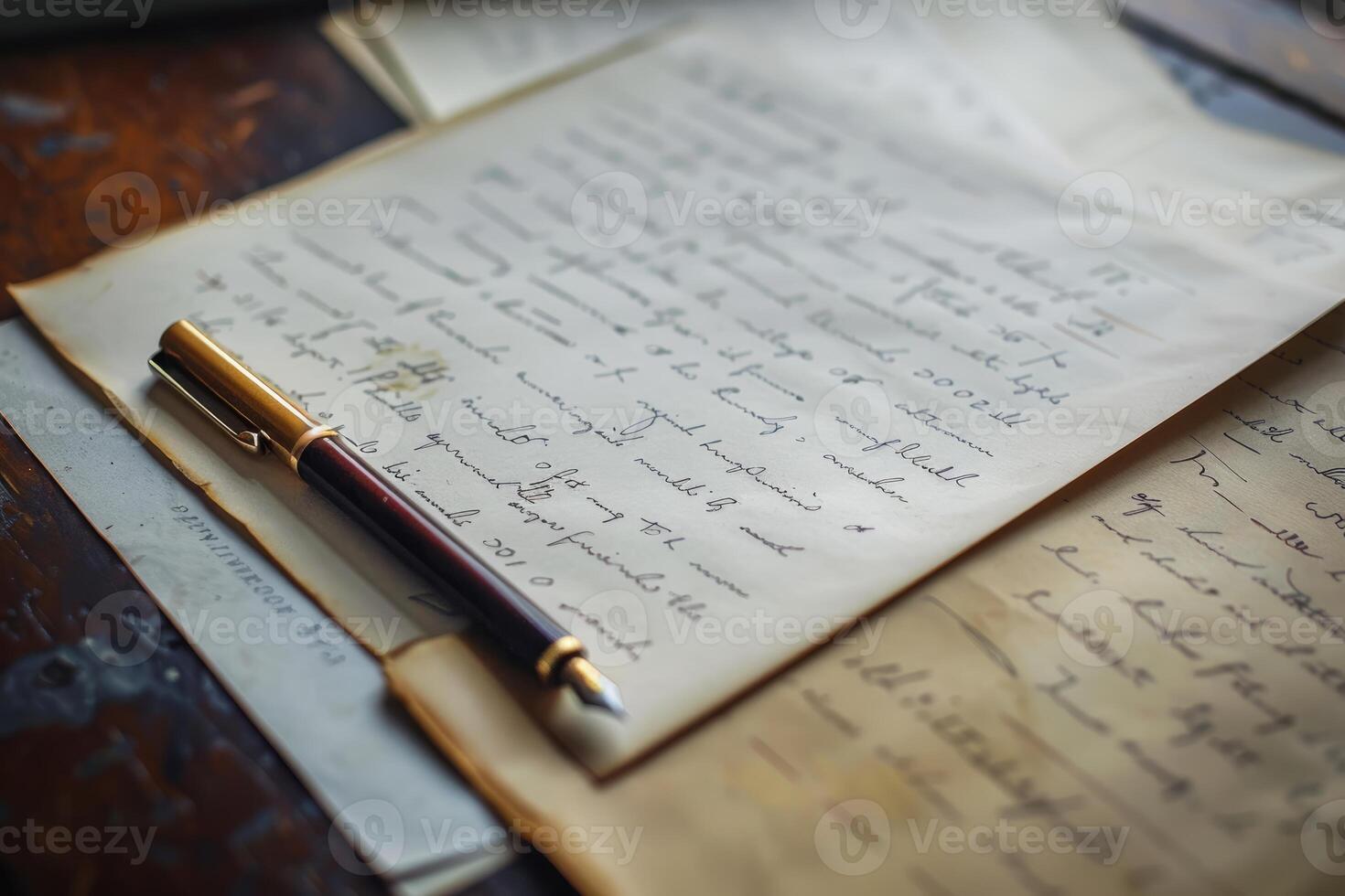 Fountain pen lying on aged handwritten letter on wooden desk photo
