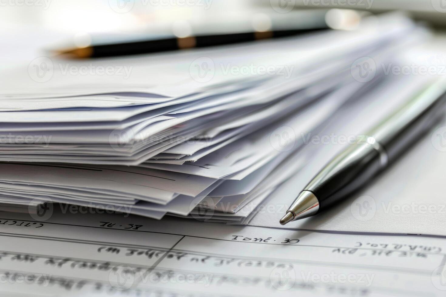 Stack of paperwork awaiting signature lying on desk with pens in office photo