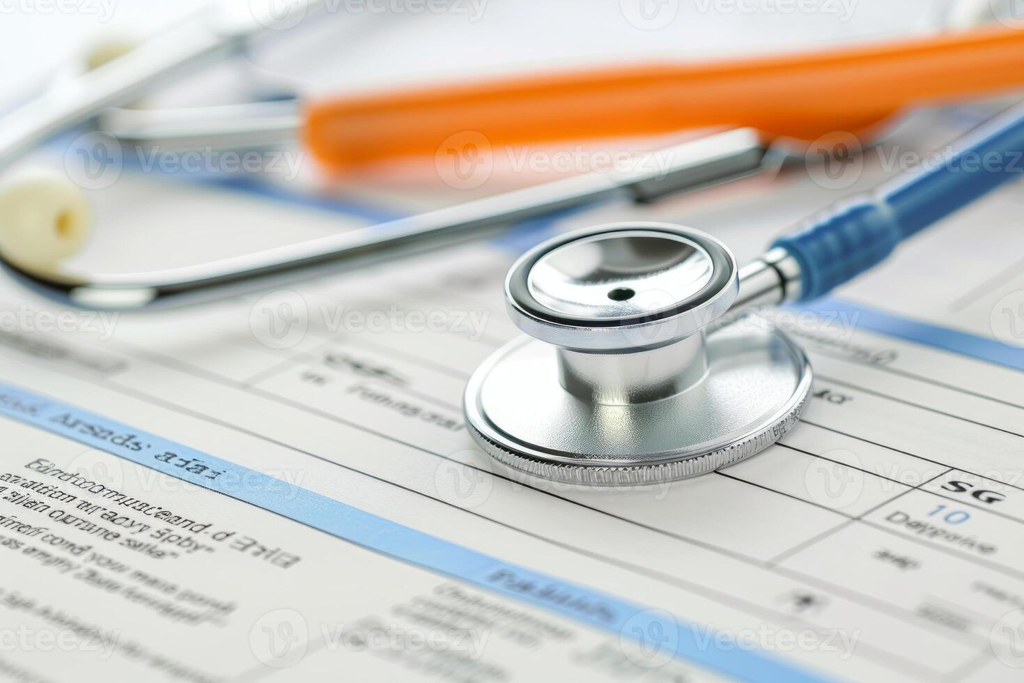 Stethoscope lying on top of medical form with orange syringe photo