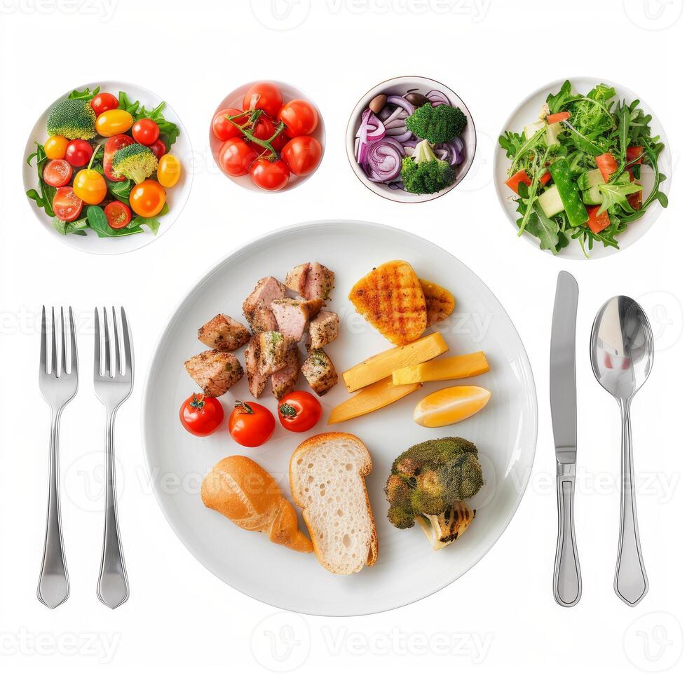 Balanced diet presenting grilled meat, vegetables, and bread on white plate with cutlery photo