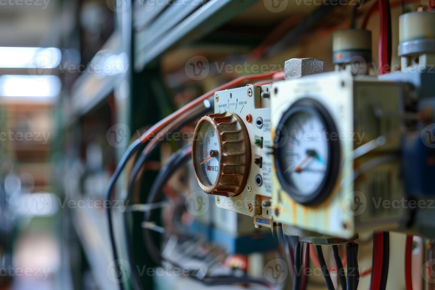 Old analog gauge showing pressure in bar and psi units photo