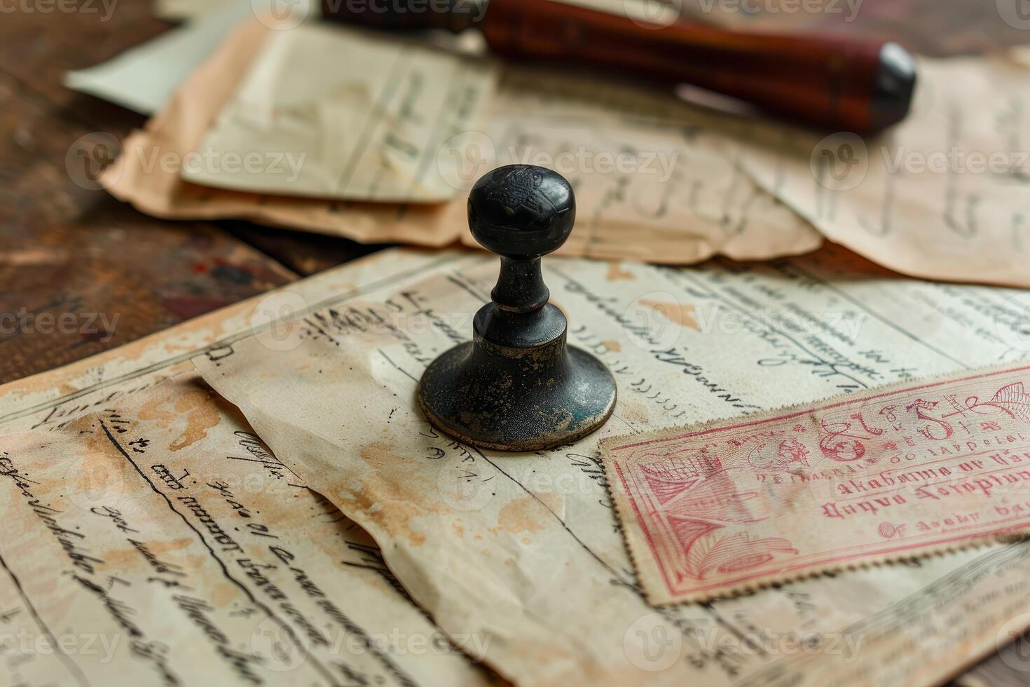 Old notarial seal lying on vintage papers with stains and ink splatter photo