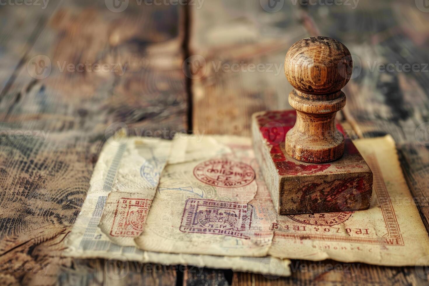 Old wooden and rubber stamp lying on documents with stamps on a wooden table photo