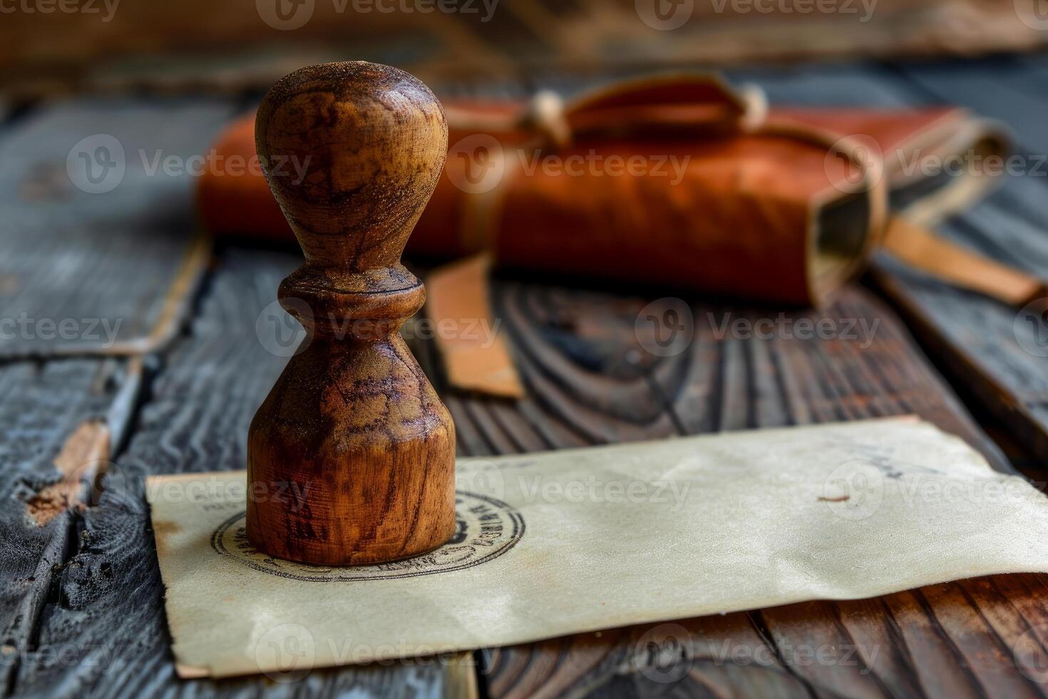Notary public stamp standing on important legal document with notebook in background photo