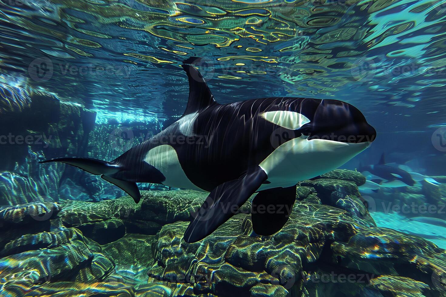Large killer whale swimming in a large aquarium tank photo