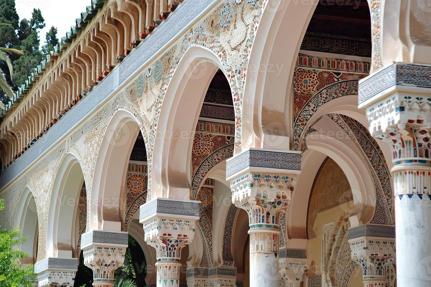 Ornate moorish arches creating stunning patterns in courtyard photo