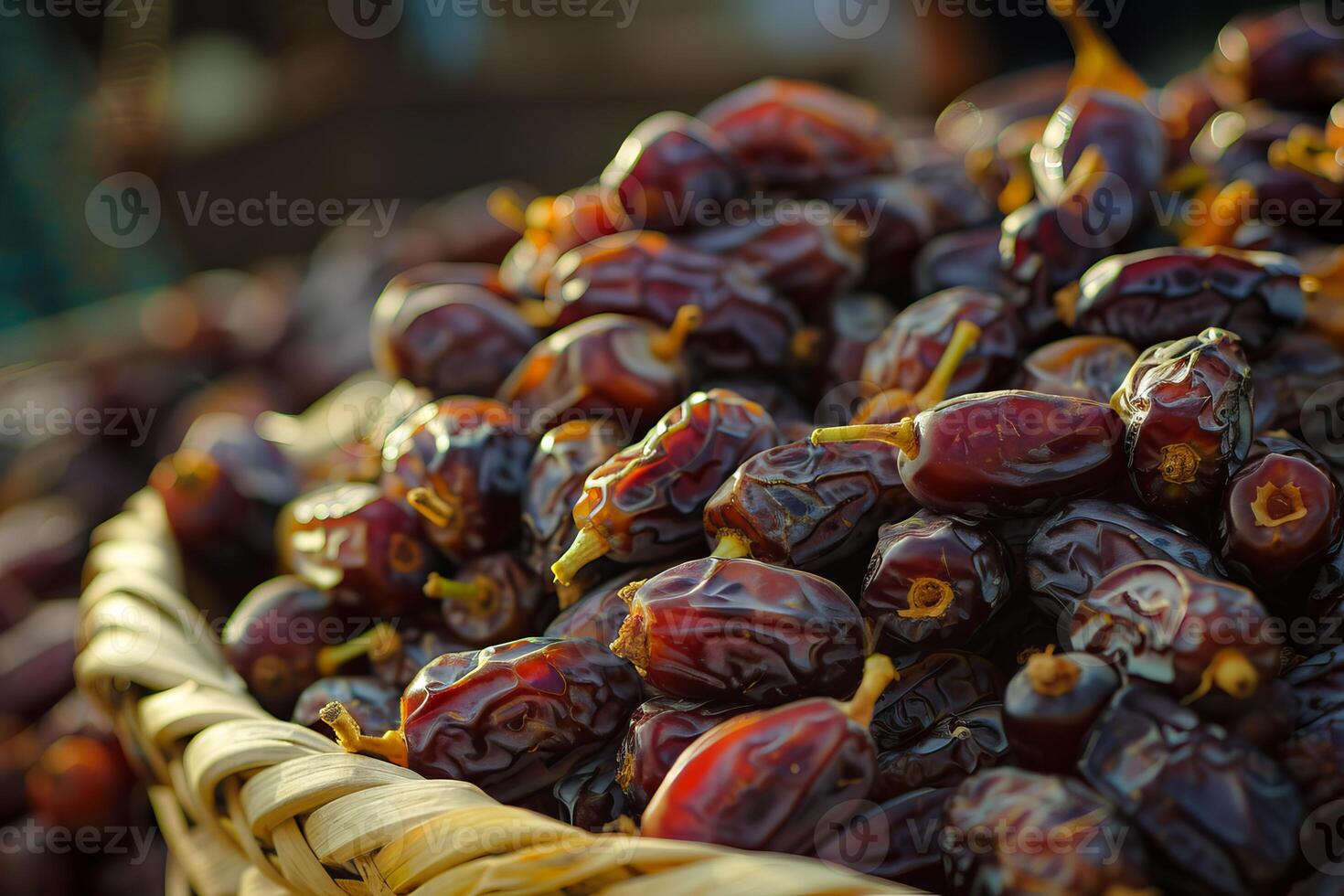 Wicker basket overflowing with fresh medjool dates at the market photo