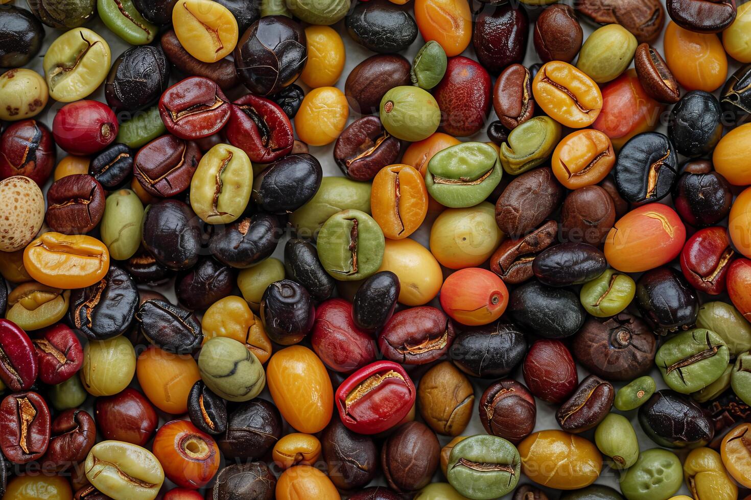 Close up view of a mix of green, yellow, red and brown coffee beans photo
