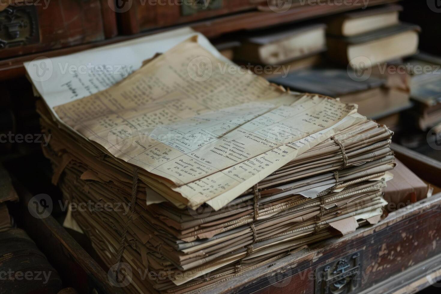 Stack of old papers with faded ink sitting in a dusty drawer photo