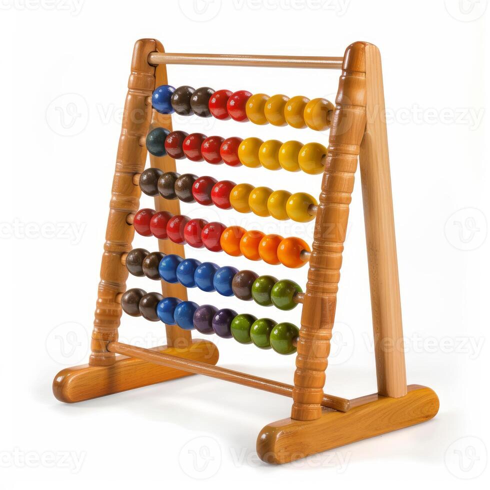 Colorful wooden abacus standing on white background representing counting and learning photo