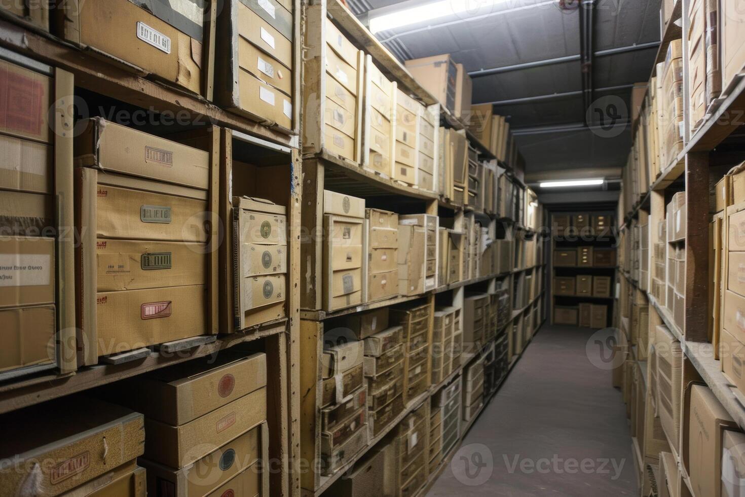 Archive storing old documents and files in cardboard boxes photo