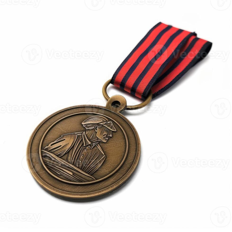 Bronze medal featuring a worker and red and blue ribbon photo