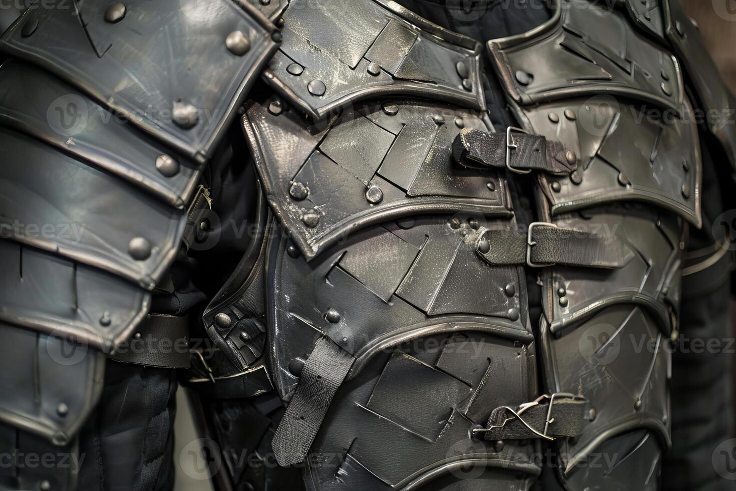 Metallic chest armor showing rivets and leather straps photo