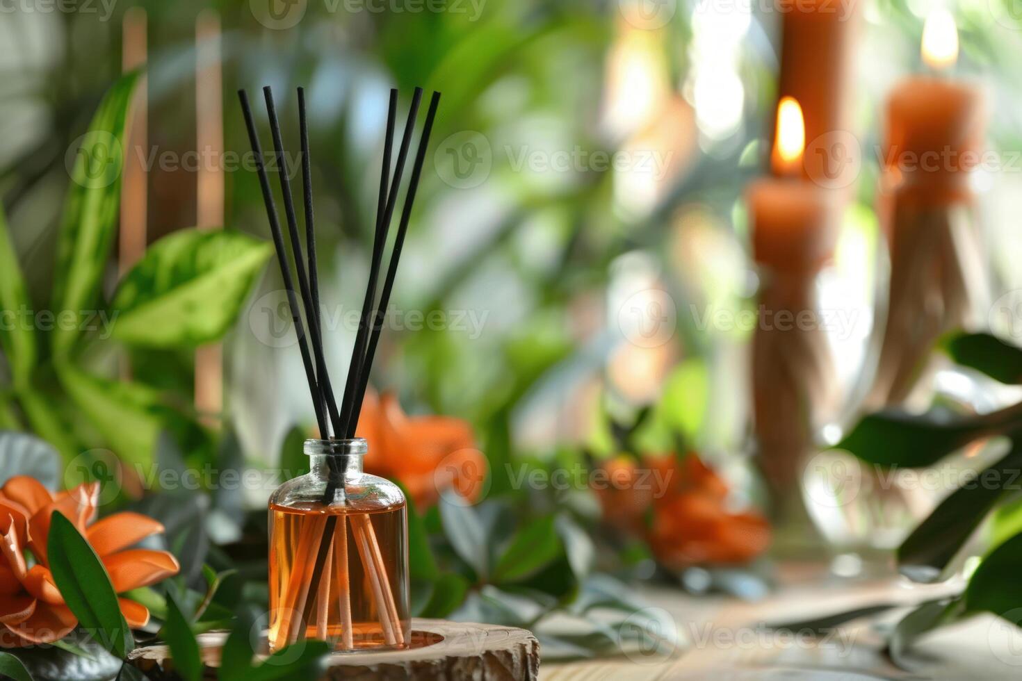 Reed diffuser spreading pleasant aroma in cozy home interior with burning candles photo