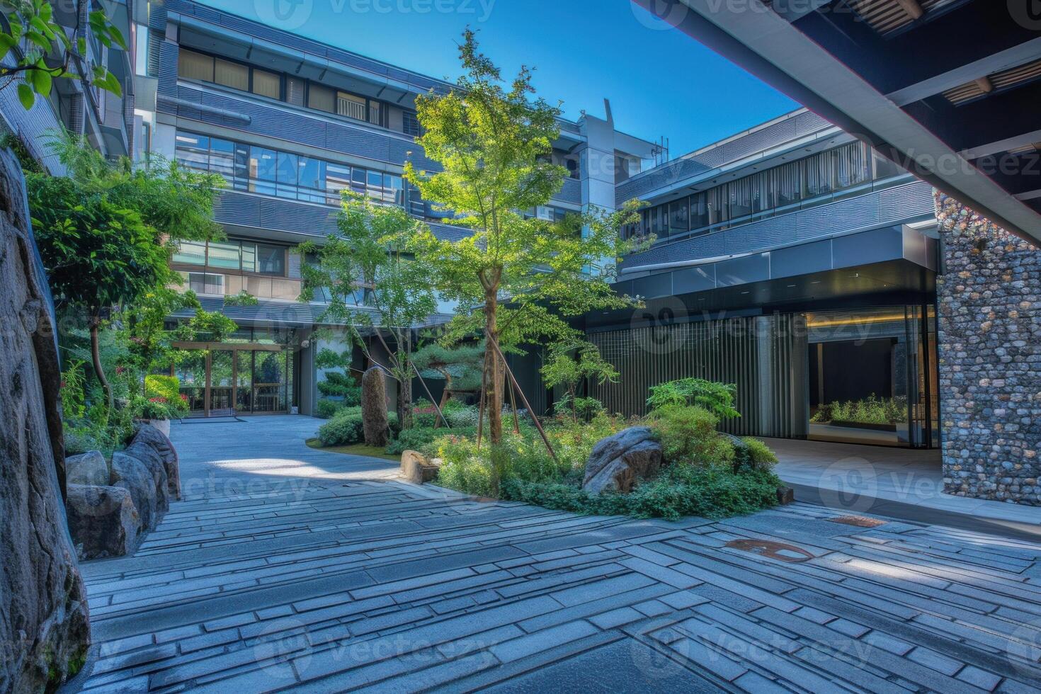 Modern building with green courtyard featuring trees and rocks landscaping photo