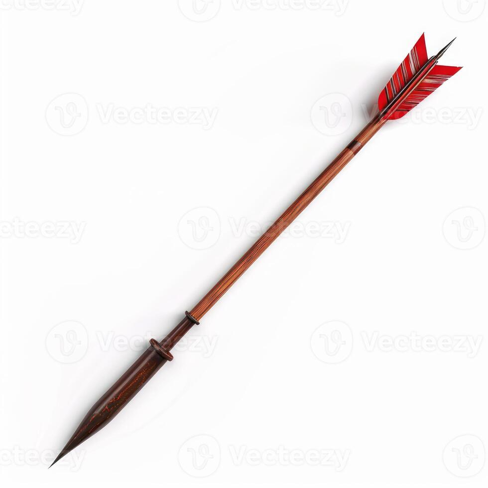 Wooden arrow pointing up with red feathers on white background photo