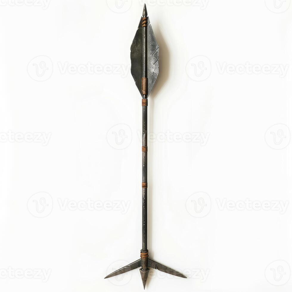 Medieval arrow standing on white background with metal tip and fletching photo