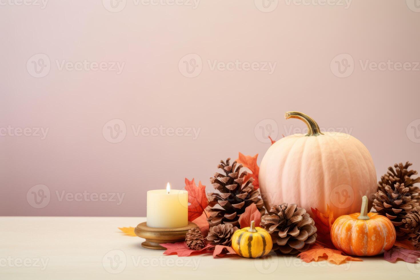Pink pumpkin, candle and pine cones creating cozy autumn still life photo