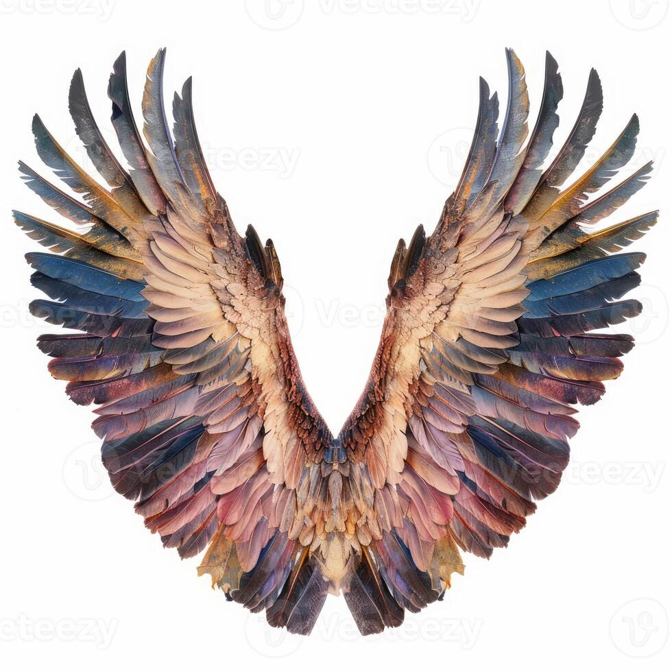 Majestic colorful bird wings spread open on white background photo