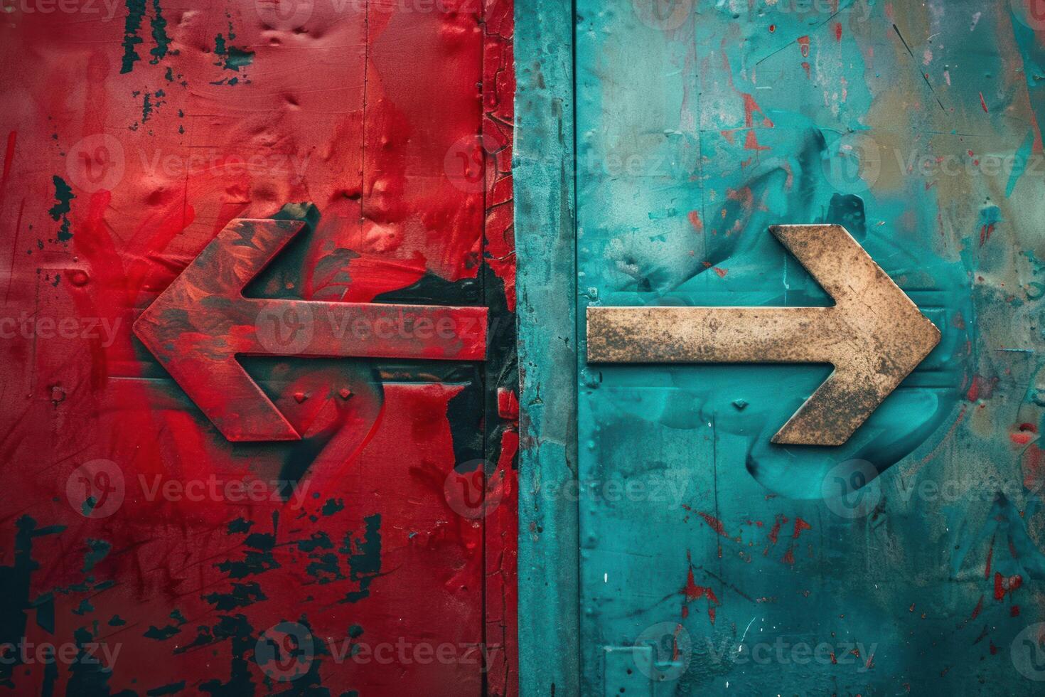 Red and blue metal doors with arrows pointing in opposite directions photo