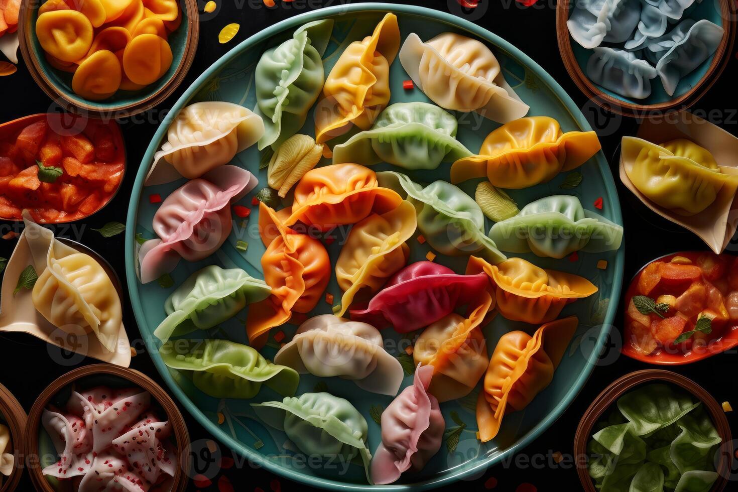 Colorful dumplings garnished with herbs and spices on a serving plate photo