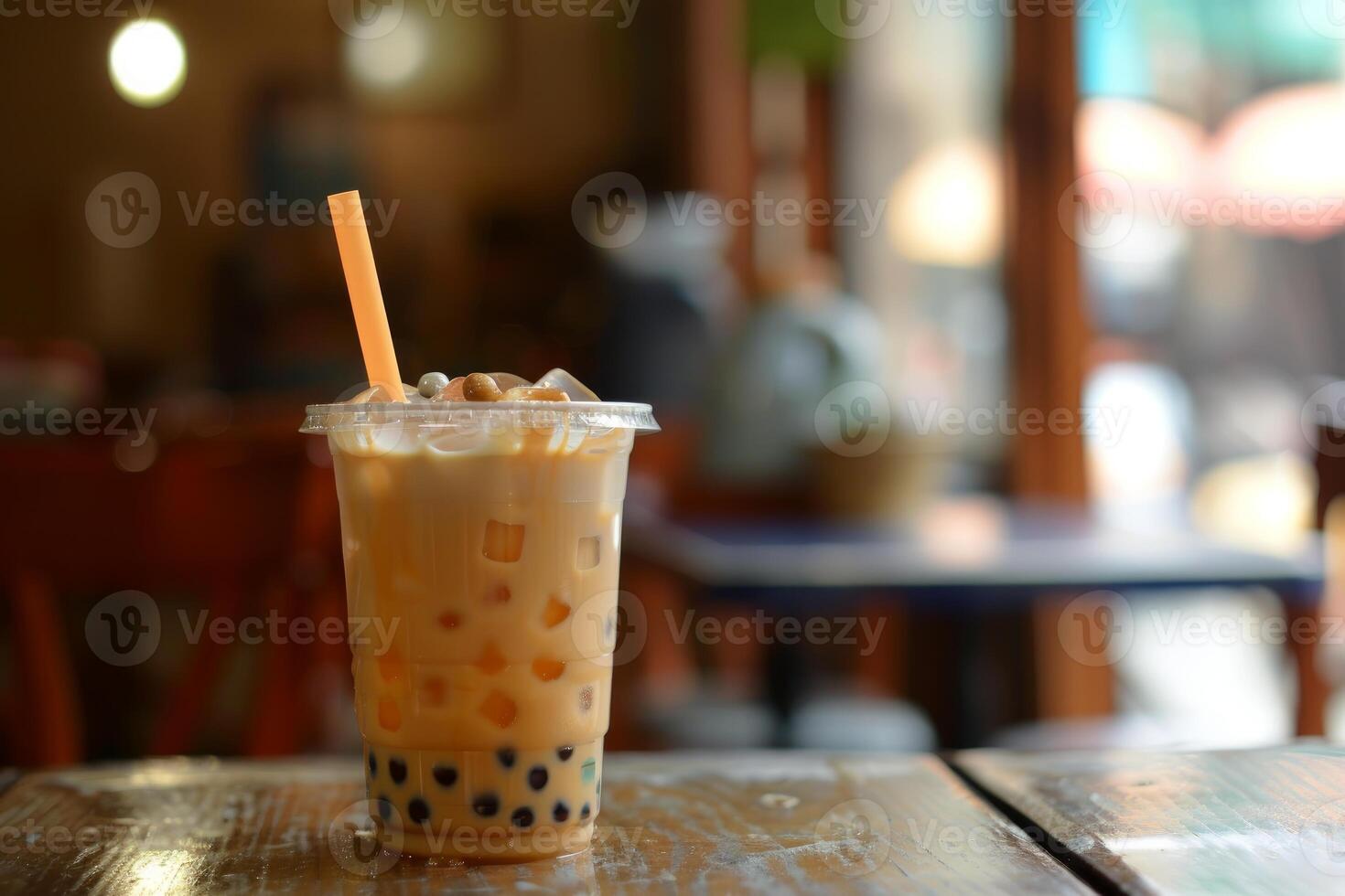 Iced milk bubble tea with tapioca pearls in take away glass is sitting on a table in a cafe photo