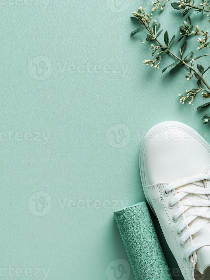 Minimalist sneaker design with greenery on pastel background for modern fashion concept photo