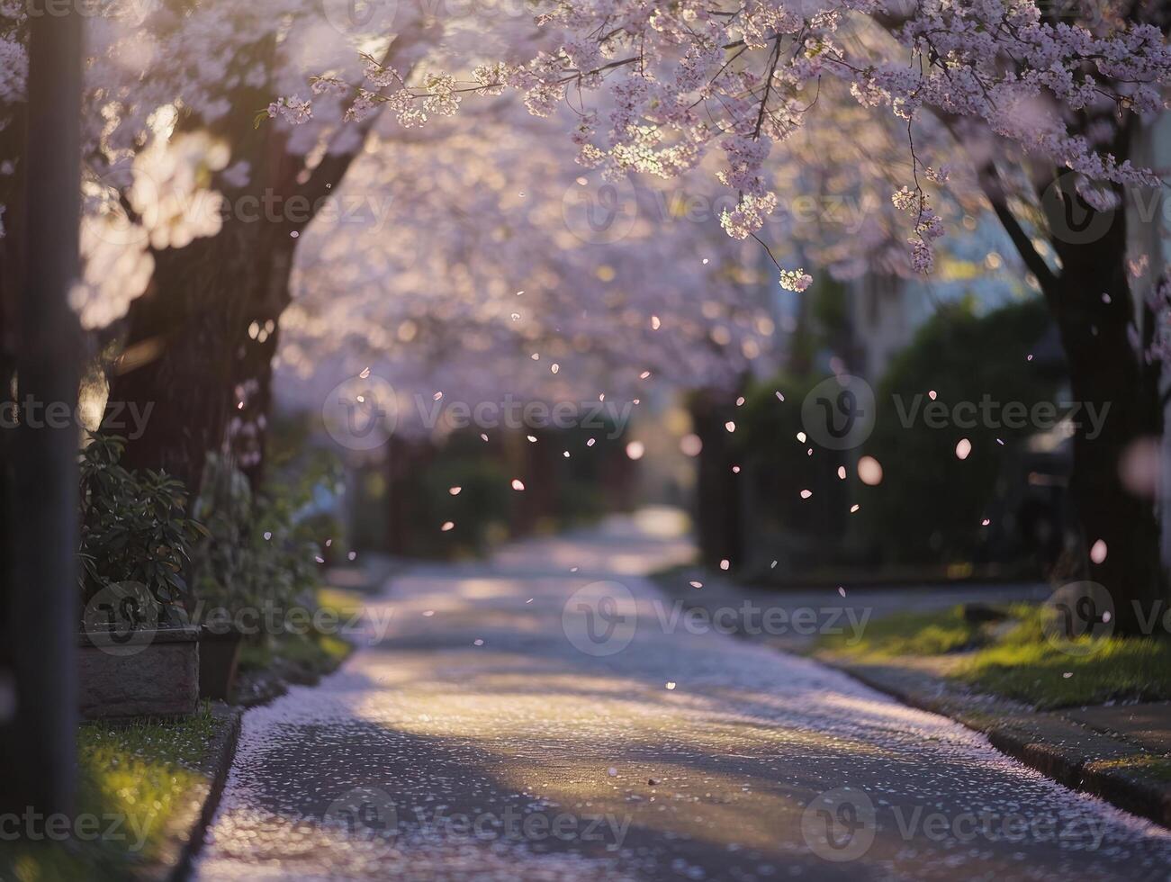Serene spring scene with cherry blossoms in bloom along a tranquil pathway photo