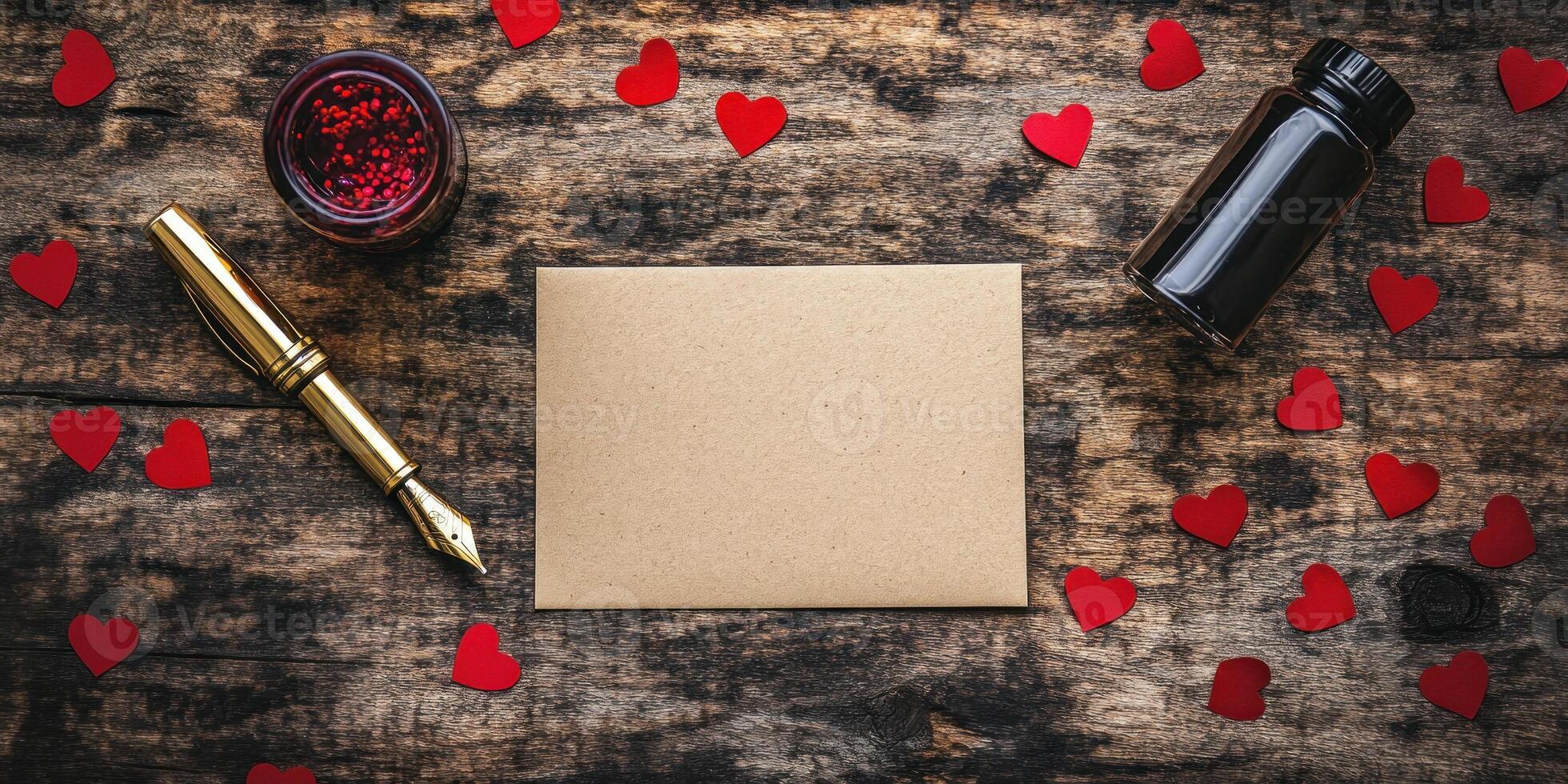 Romantic valentines card with envelope and hearts on rustic wood. Perfect for special occasion letters photo