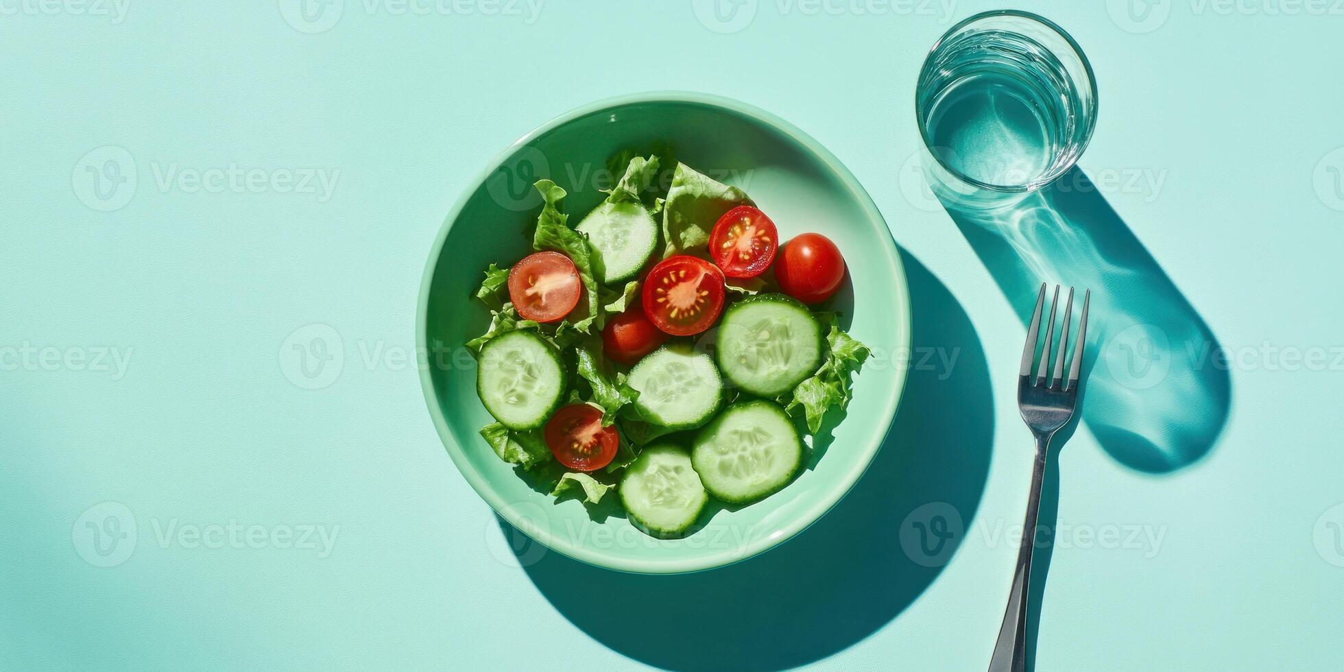 Fresh green salad bowl on minimalistic table with cucumber and tomato photo