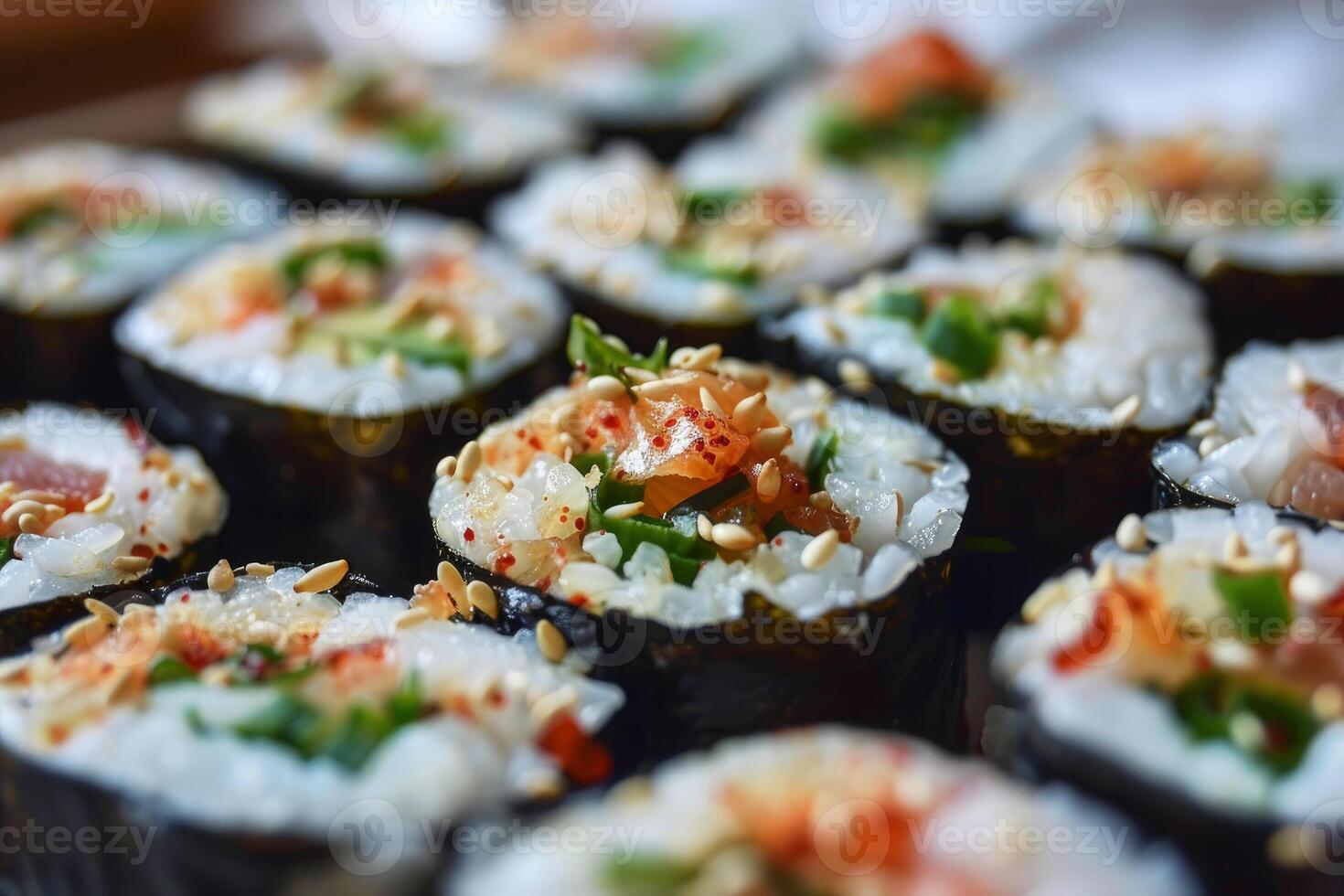 Delicious kimbap or gimbap preparing to be eaten with sesame seeds and rice photo