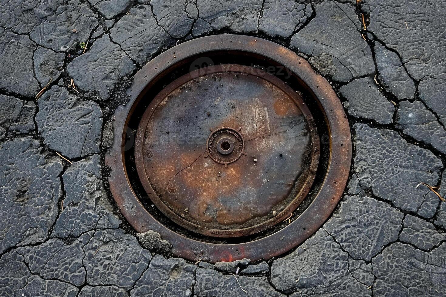 Old rusty metal sewer manhole cover surrounded by cracked asphalt photo
