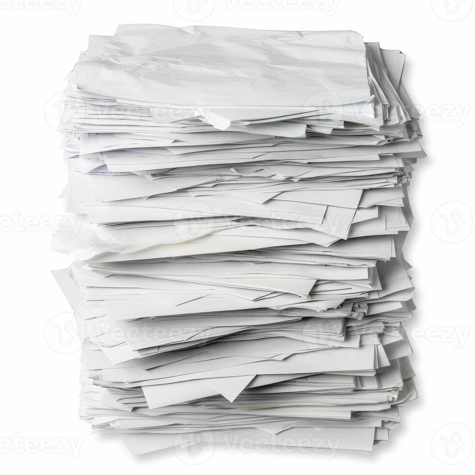 Stack of papers creating a tall messy pile on white background photo