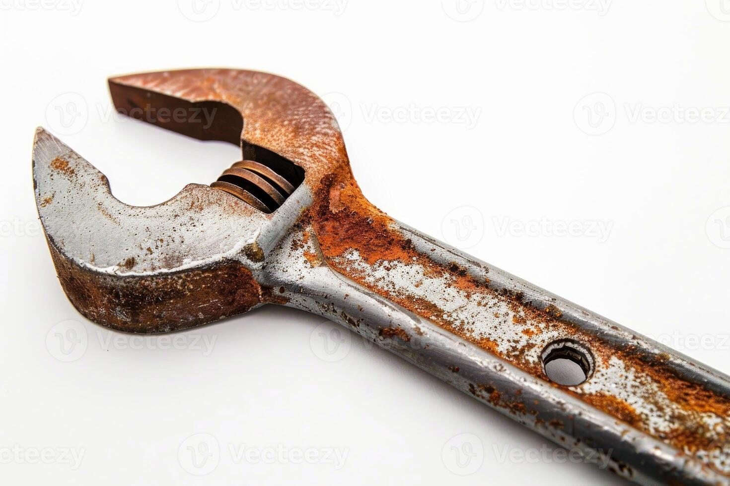 Rusty adjustable wrench lying on white background photo
