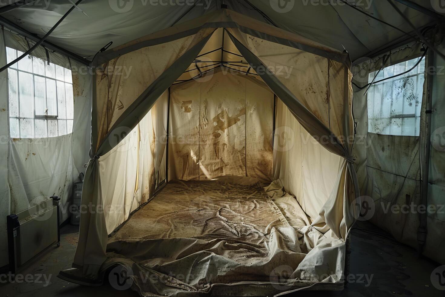 Makeshift tent housing in abandoned building during displacement photo