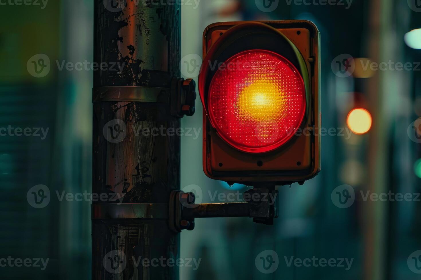 Red traffic light shining at night guiding drivers photo