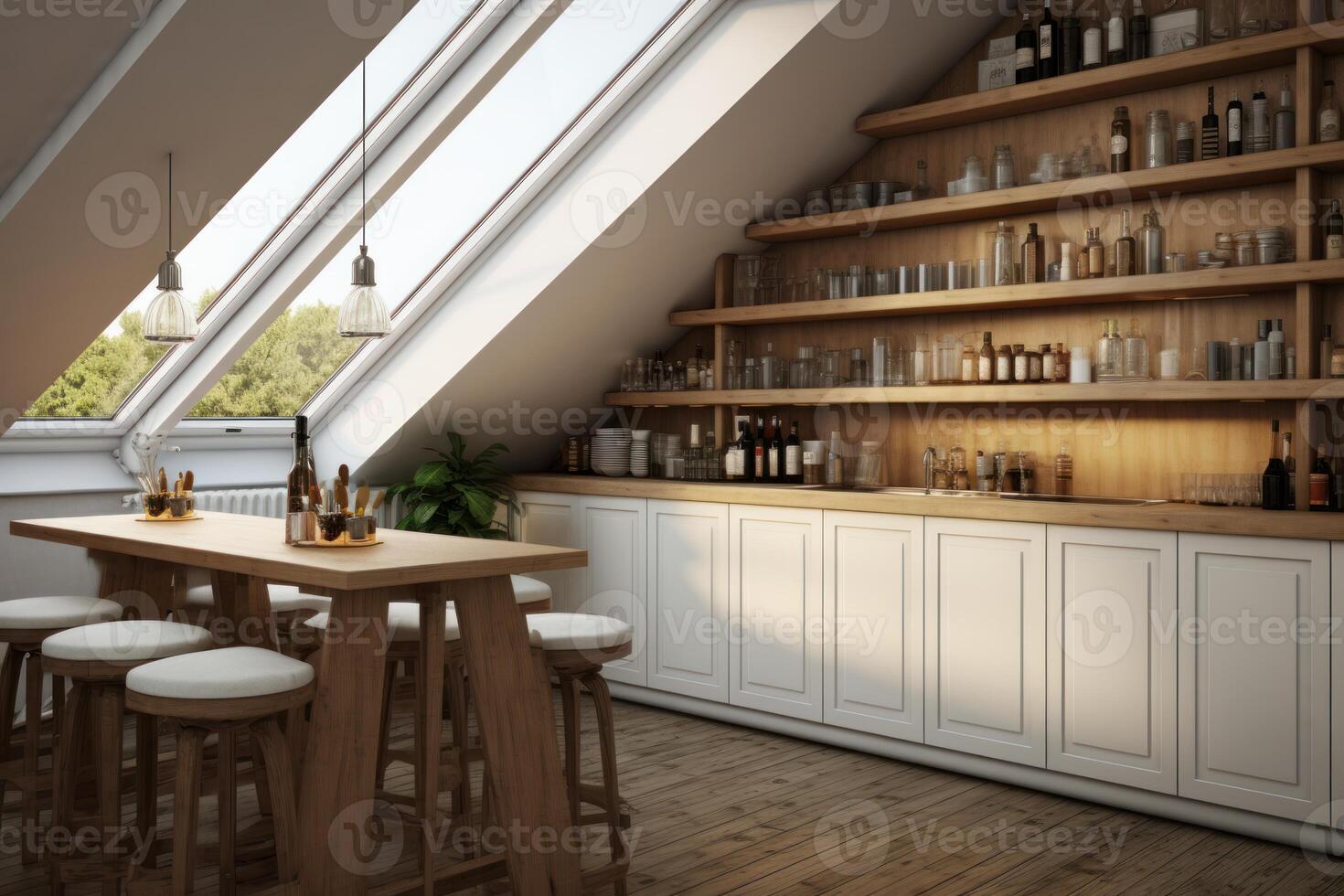 Modern kitchen in the attic with wooden table and bar stools photo