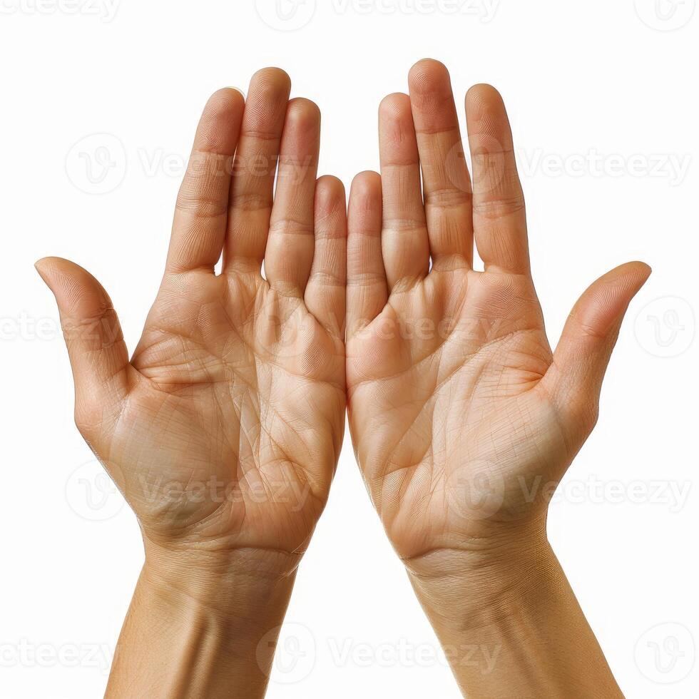 Woman showing open palms on white background photo