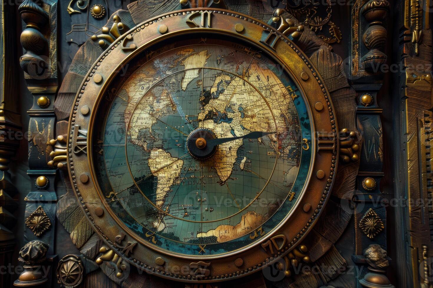 Antique clock showing passing of time with world map face photo
