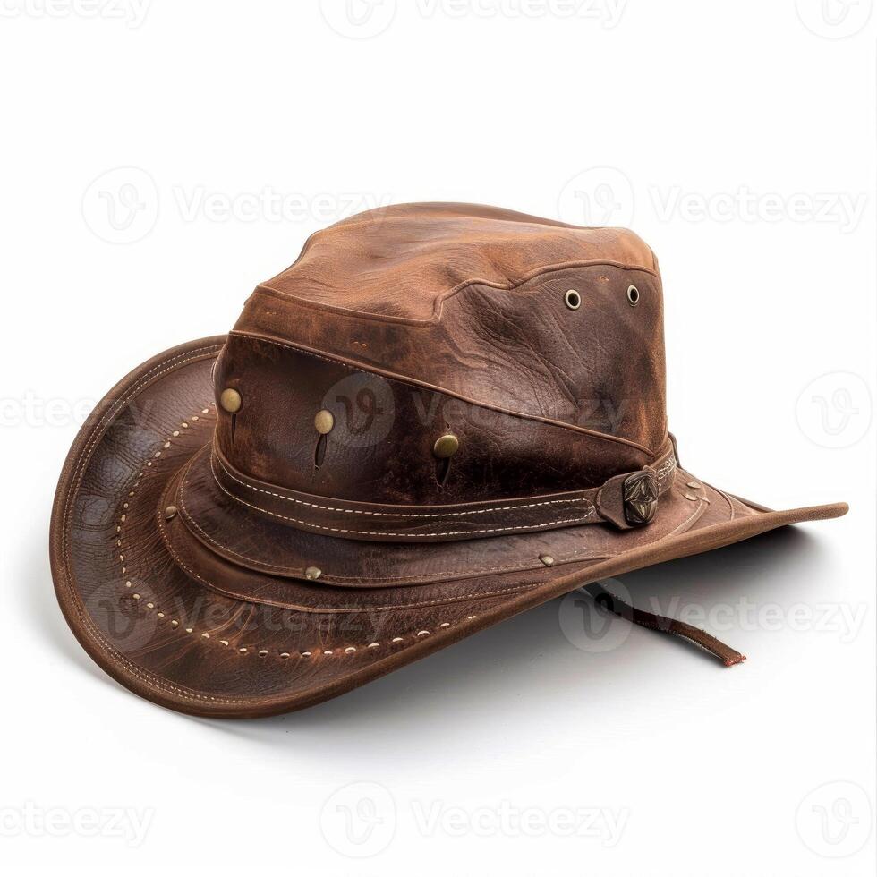 Brown leather cowboy hat with decorative stitching and rivets on white background photo