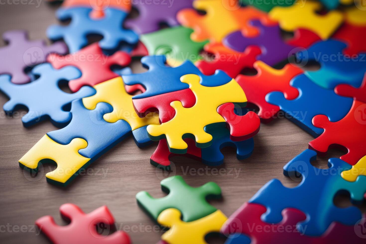 Colorful jigsaw puzzle pieces scattered on wooden table, problem solving concept photo