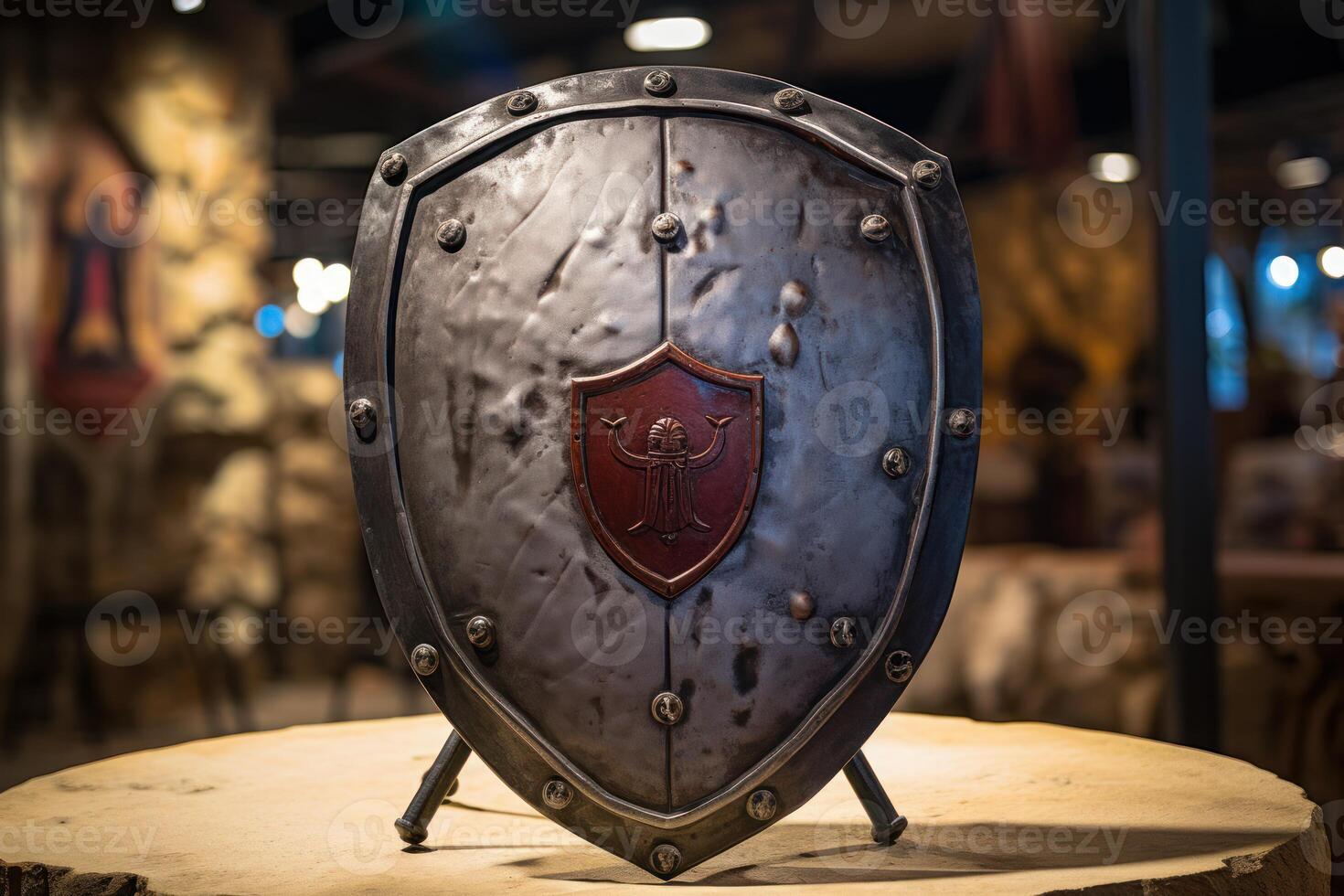 Medieval metal shield standing on wooden surface with blurred background photo
