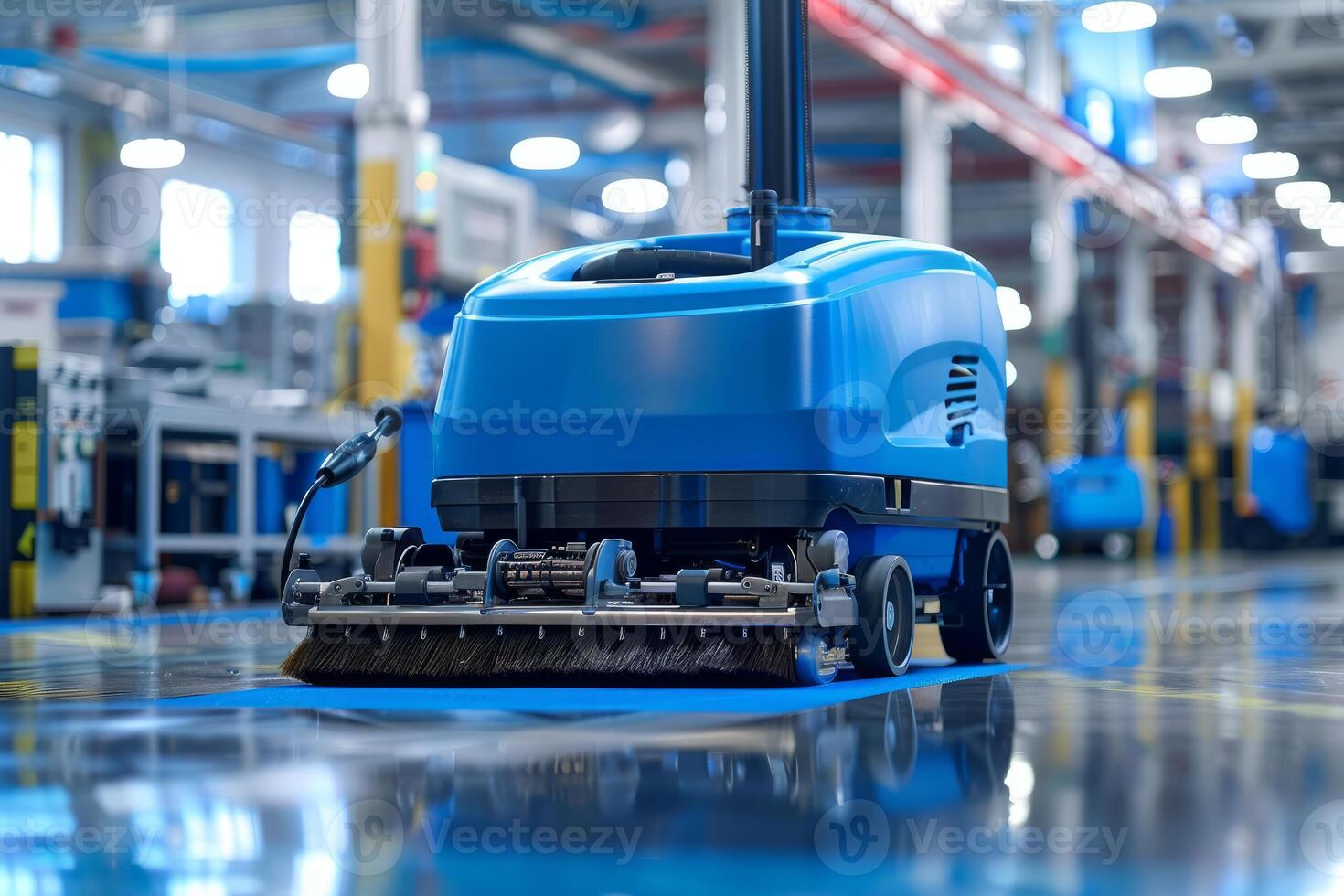 Blue scrubber drier machine cleaning floor in factory photo