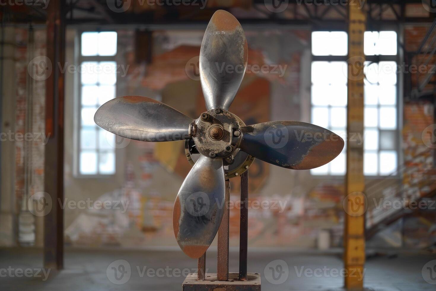 Old airplane propeller standing in abandoned industrial building photo