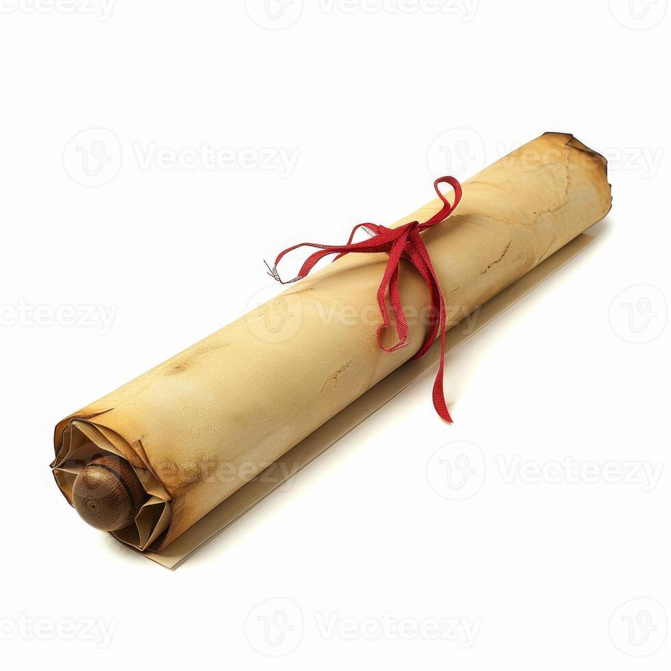Old scroll tied with red ribbon on white background photo