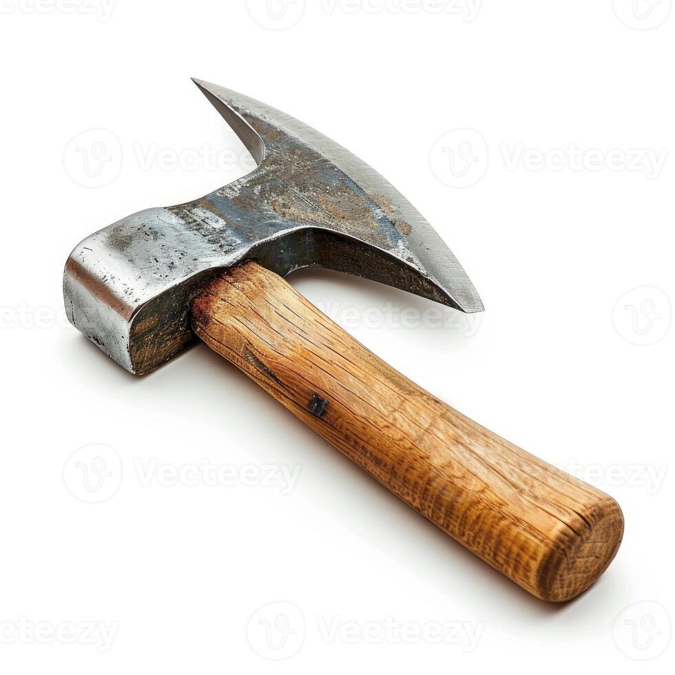 Handcrafted axe resting on white background, ready for woodworking photo