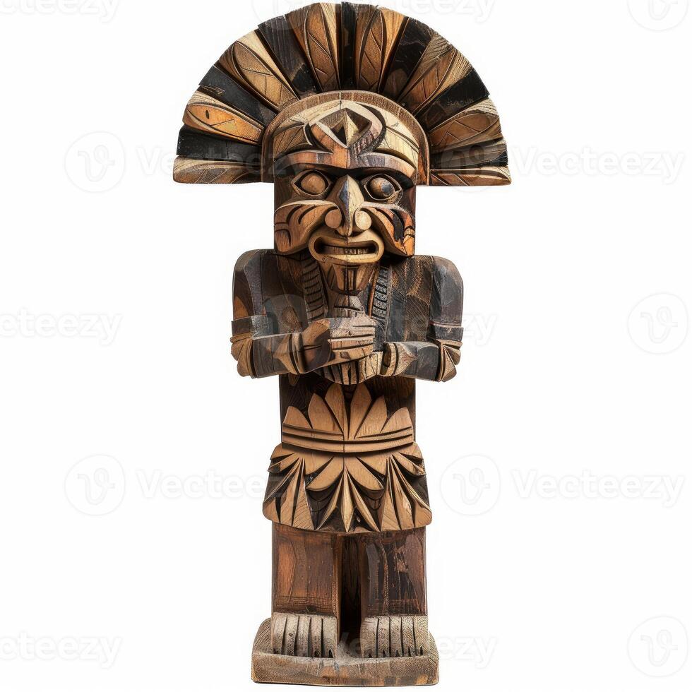 Intricate wooden statue depicting native american deity with folded arms photo